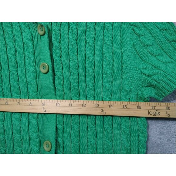 LL Bean Sweater Womens Medium Green Cardigan Cable Knit Short Sleeves Button Up - Picture 4 of 7